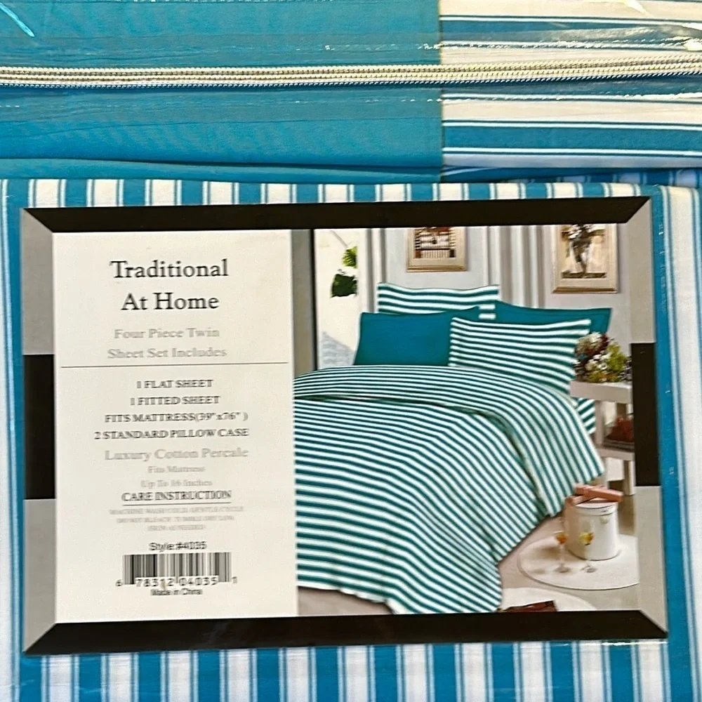 Traditional At Home 4 pc Twin Sheet Set Crayon Blue and white stripes.